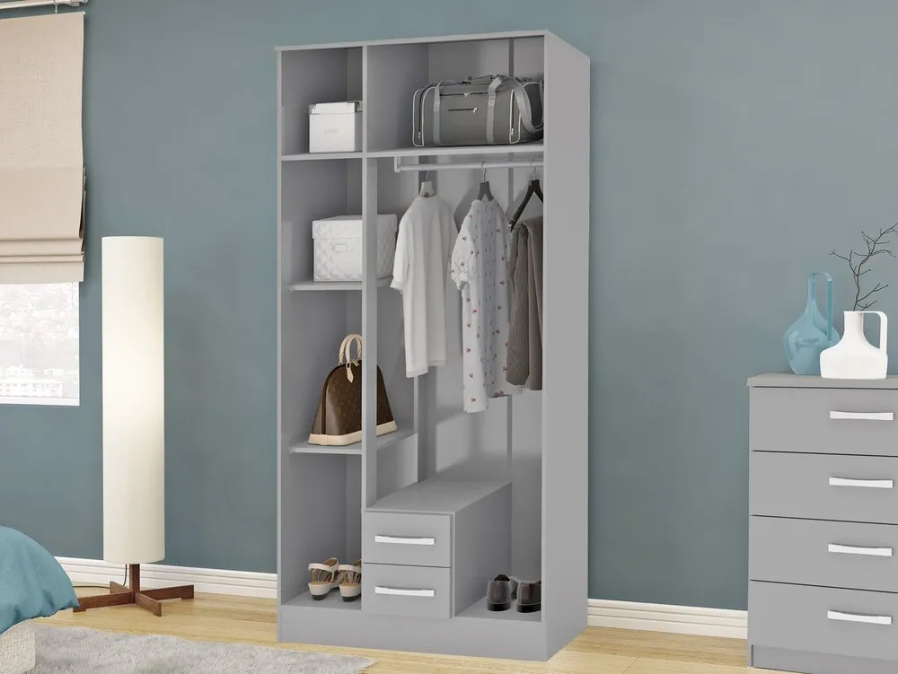 Birlea Furniture & Beds Birlea Lynx Grey High Gloss 3 Door 2 Drawer Mirrored Triple Wardrobe