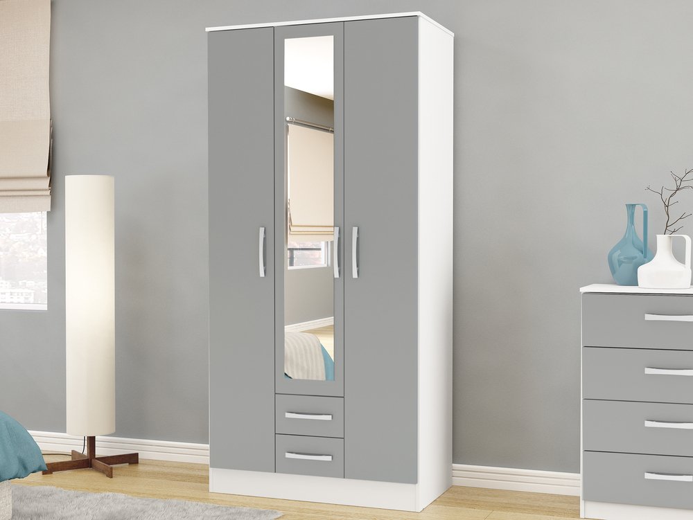 Birlea Birlea Lynx Grey High Gloss and White 3 Door 2 Drawer Mirrored Triple Wardrobe (Flat Packed)