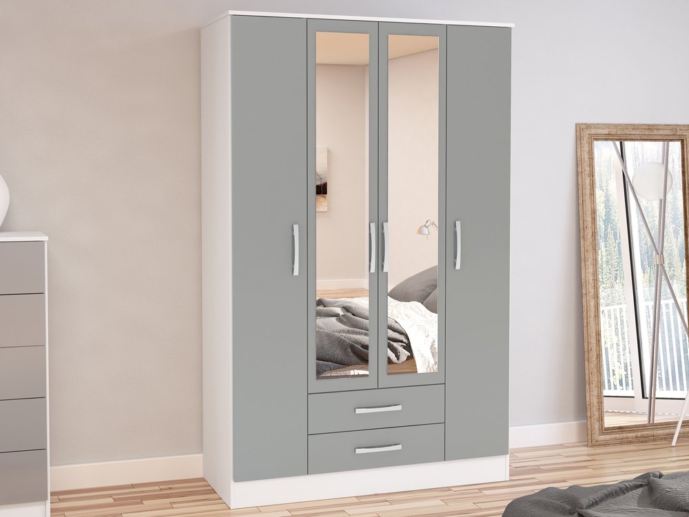 Birlea Birlea Lynx Grey High Gloss and White 4 Door 2 Drawer Mirrored Large Wardrobe (Flat Packed)