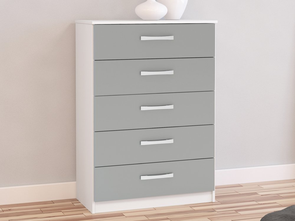 Birlea Birlea Lynx Grey High Gloss and White 5 Drawer Chest of Drawers (Flat Packed)