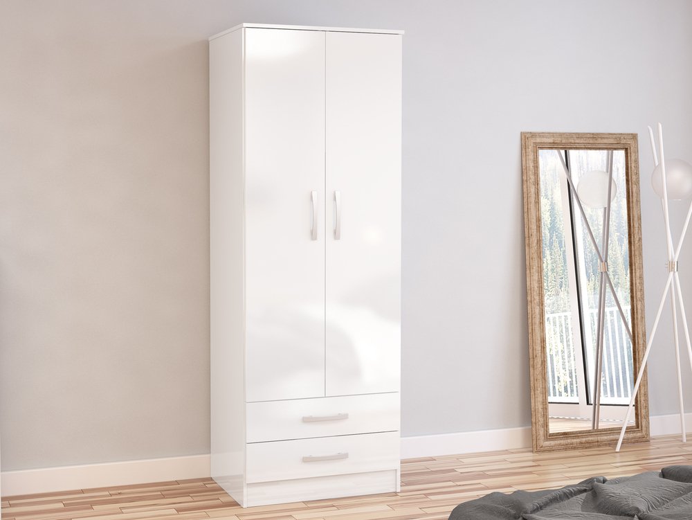 Birlea Birlea Lynx White High Gloss 2 Door 2 Drawer Double Wardrobe (Flat Packed)