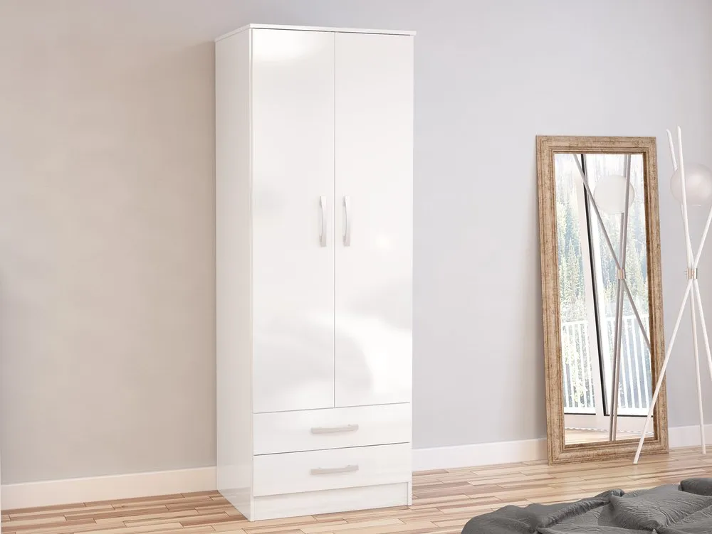 Birlea Furniture & Beds Birlea Lynx White High Gloss 2 Door 2 Drawer Double Wardrobe