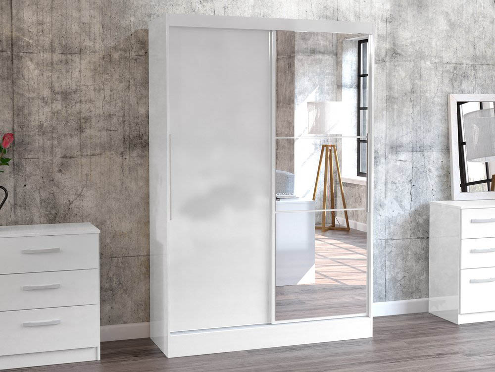 Birlea Birlea Lynx White High Gloss Sliding Door Mirrored Large Double Wardrobe (Flat Packed)
