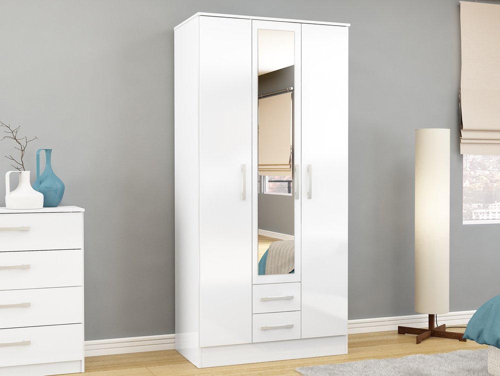 Birlea Lynx White High Gloss 3 Door 2, Triple Wardrobe With Drawers And Shelves