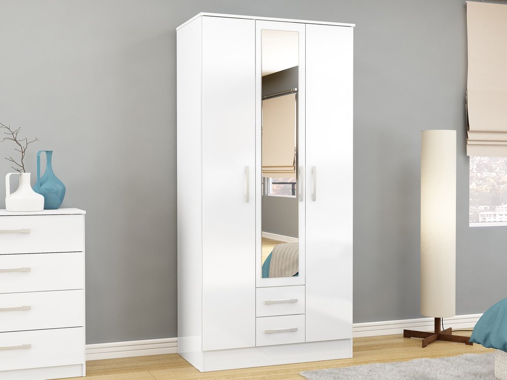 Birlea Birlea Lynx White High Gloss 3 Door 2 Drawer Mirrored Triple Wardrobe (Flat Packed)