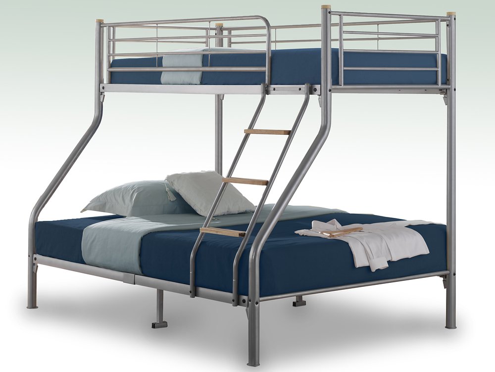 4ft6 Silver Metal Triple Bunk Bed Frame, Metal Frame Bunk Beds With Mattresses