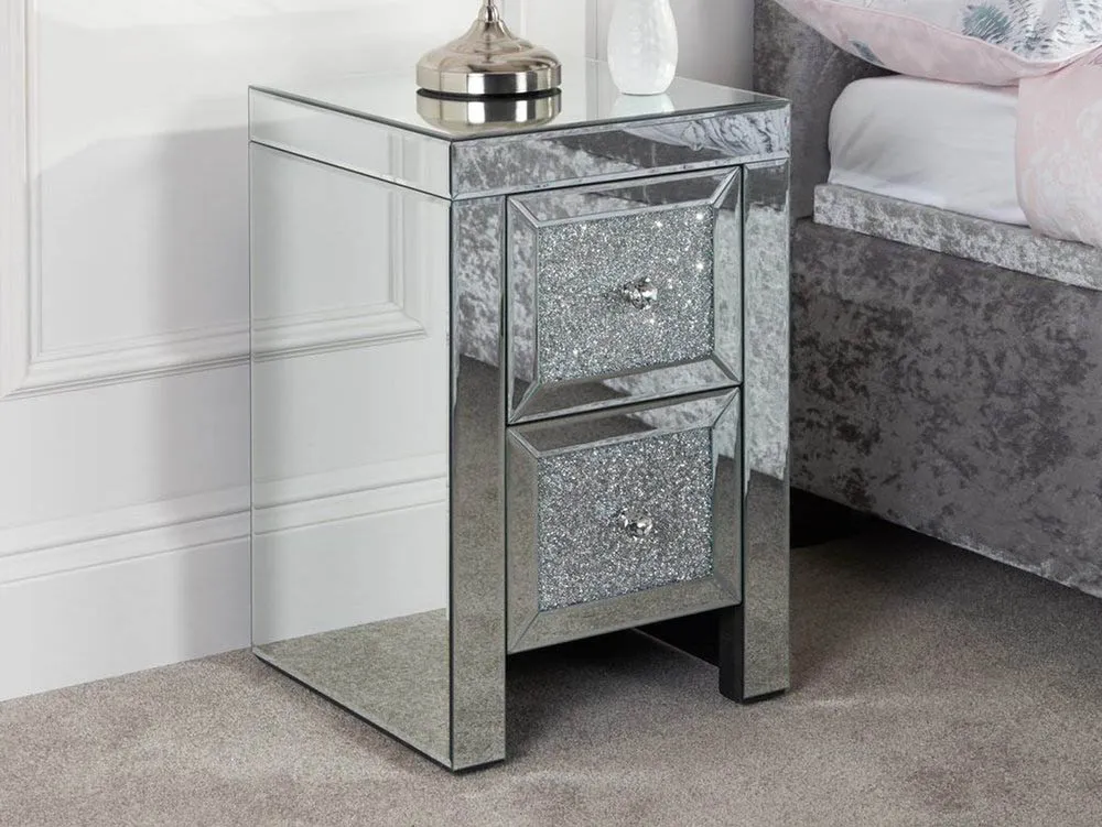 Birlea Furniture & Beds Birlea Vienna 2 Drawer Crushed Diamond Small Mirrored Bedside Table (Assembled)