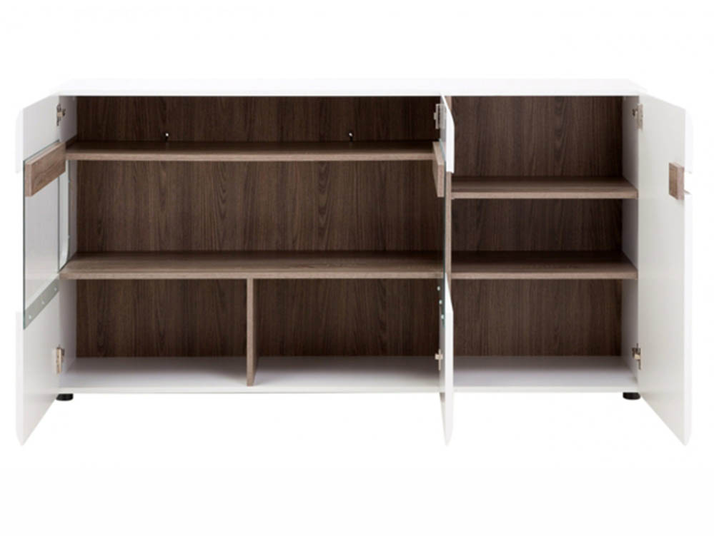Furniture To Go Furniture To Go Chelsea White High Gloss and Truffle Oak 3 Door Glazed Sideboard (Flat Packed)