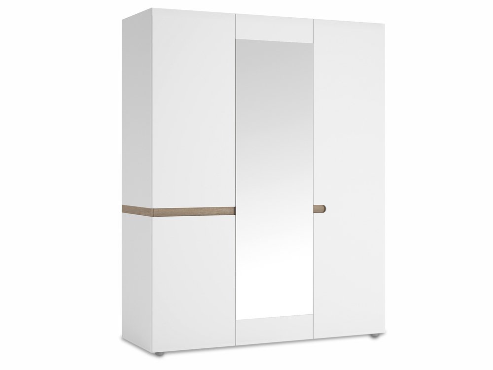 Furniture To Go Furniture To Go Chelsea White High Gloss and Truffle Oak 3 Door Mirrored Triple Wardrobe (Flat Packe