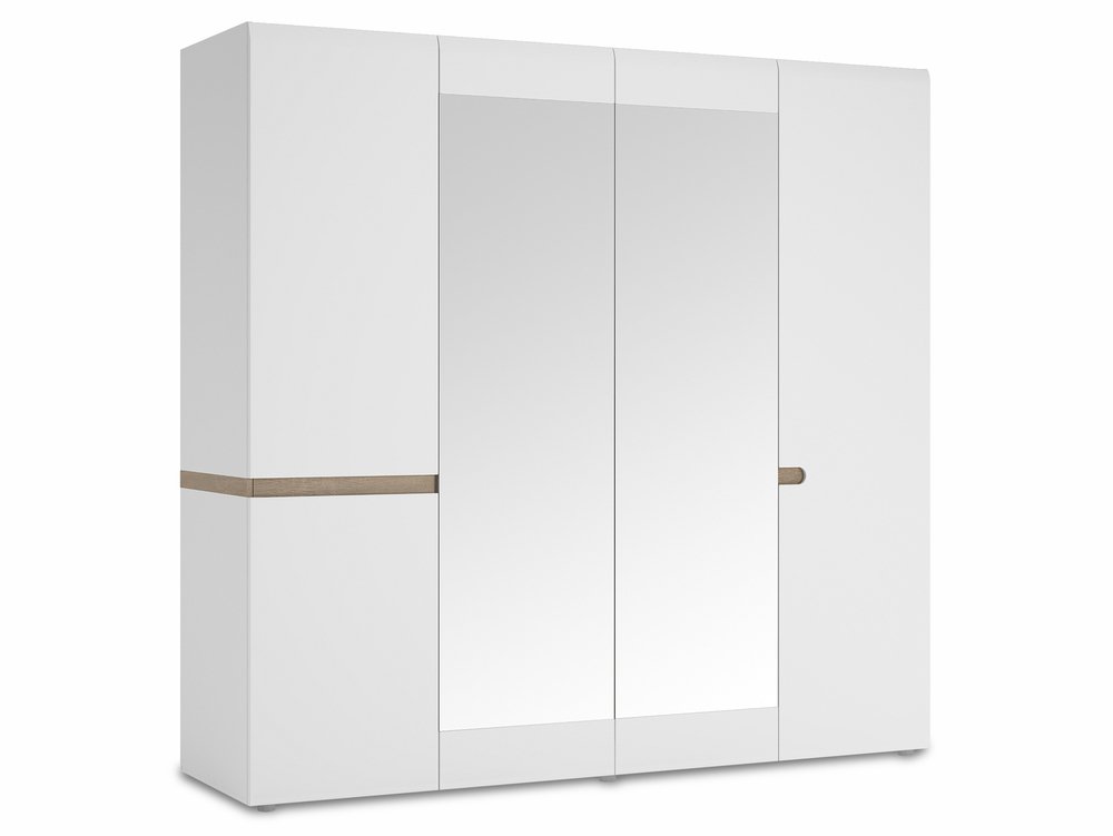 Furniture To Go Furniture To Go Chelsea White High Gloss and Truffle Oak 4 Door Mirrored Large Wardrobe (Flat Packed