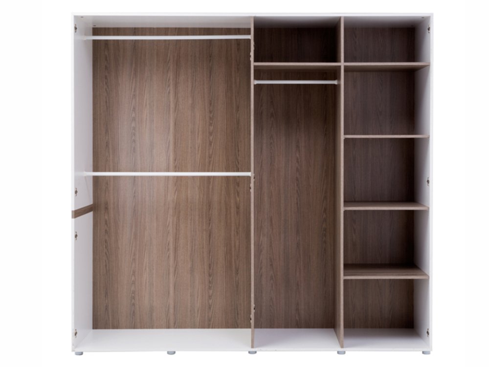 Furniture To Go Furniture To Go Chelsea White High Gloss and Truffle Oak 4 Door Mirrored Large Wardrobe (Flat Packed