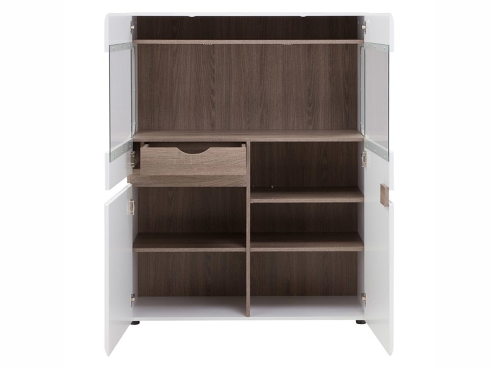 Furniture To Go Furniture To Go Chelsea White High Gloss and Truffle Oak Low 109cm Wide Display Cabinet (Flat Packed