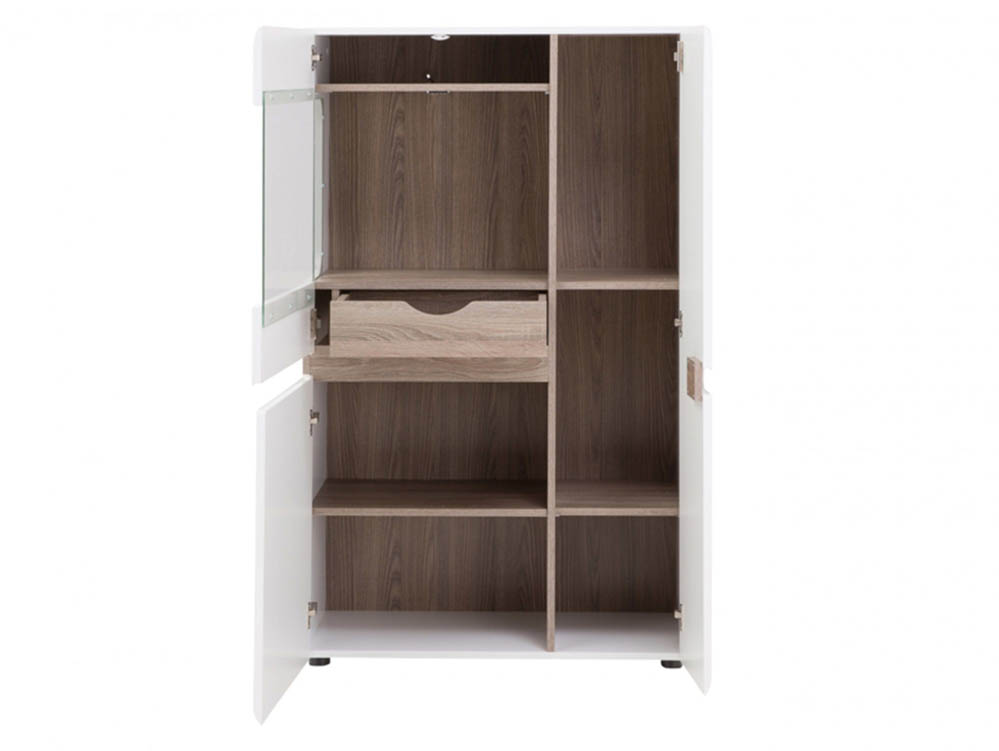 Furniture To Go Furniture To Go Chelsea White High Gloss and Truffle Oak Low 85cm Wide Display Cabinet (Flat Packed)