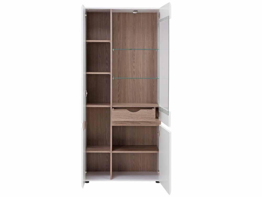Furniture To Go Furniture To Go Chelsea White High Gloss and Truffle Oak Tall Glazed Wide Display Cabinet (LHD) (Flat Packed)