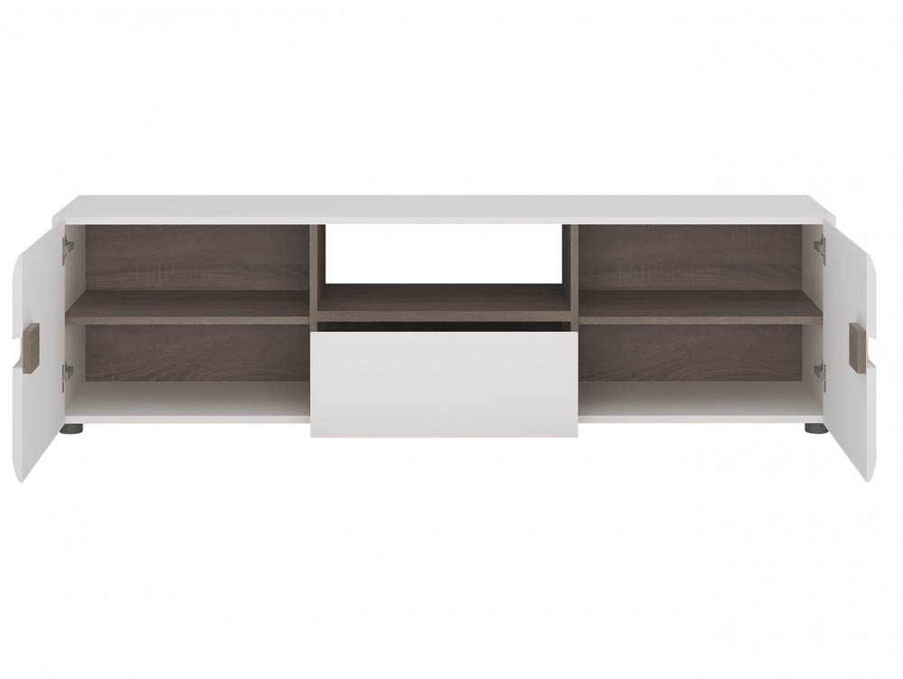Furniture To Go Furniture To Go Chelsea White High Gloss and Truffle Oak Wide TV Cabinet Opening (Flat Packed)