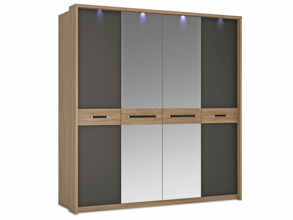 Furniture To Go Furniture To Go Monaco Stirling Oak and Black 4 Door Mirrored Large Wardrobe (Flat Packed)