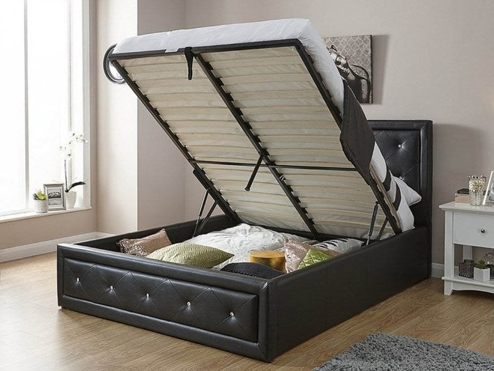 Gfw Hollywood 4ft6 Double Black, Faux Leather Bed Frame With Storage