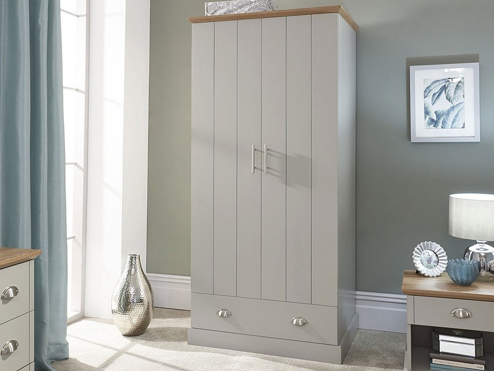 GFW GFW Kendal Light Grey and Oak 2 Door 1 Drawer Wardrobe (Flat Packed)