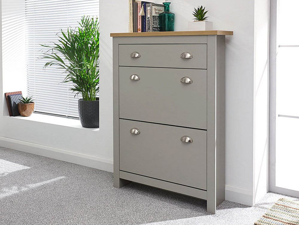 GFW GFW Lancaster Grey and Oak 2 Door 1 Drawer Shoe Cabinet (Flat Packed)