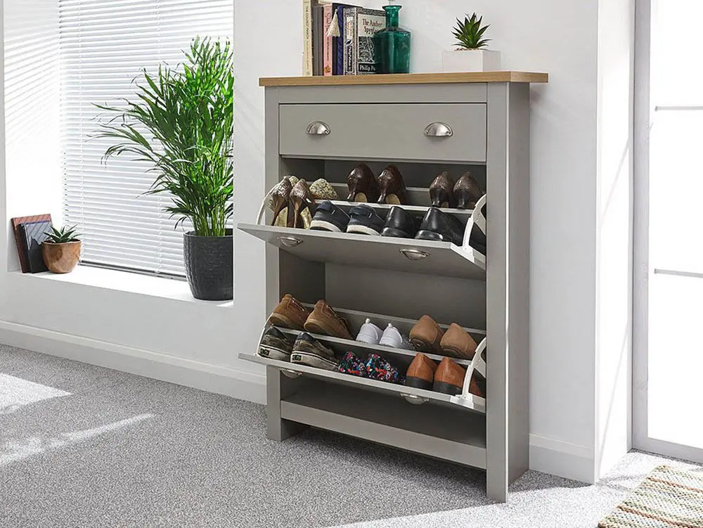 GFW Lancaster Grey and Oak 2 Door 1 Drawer Shoe Cabinet