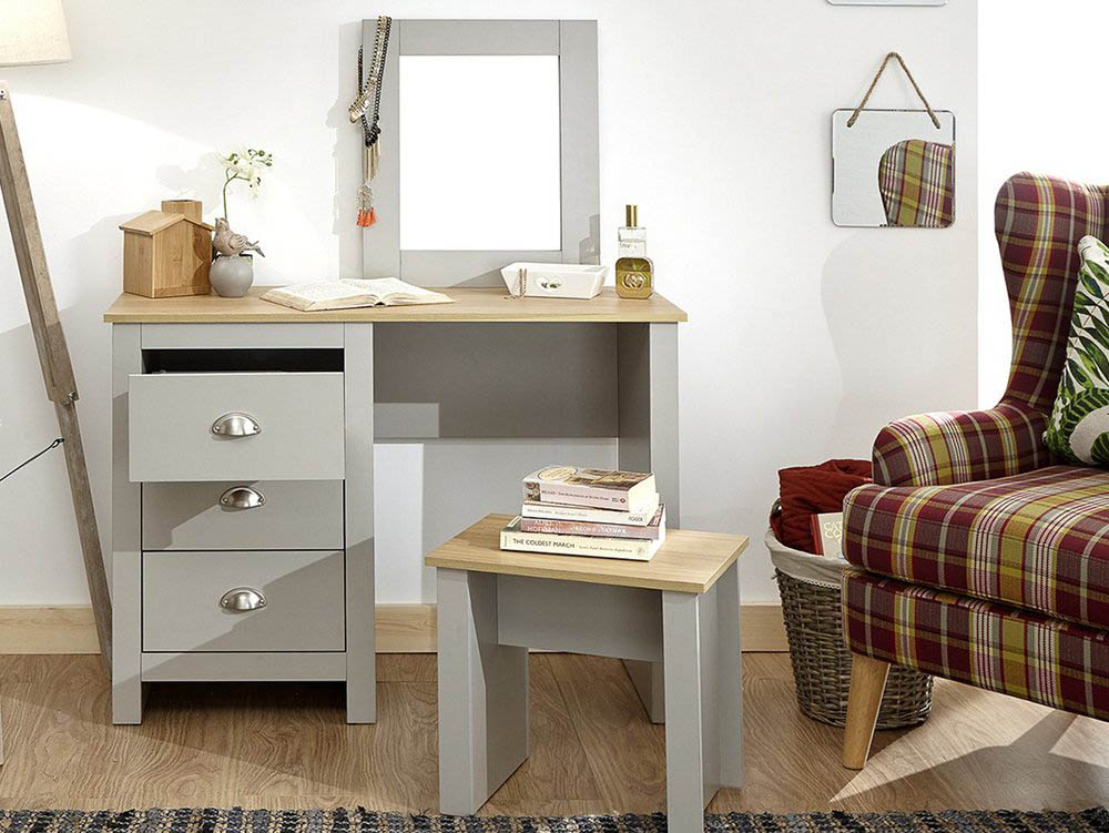 GFW GFW Lancaster Grey and Oak Dressing Table and Stool (Flat Packed)