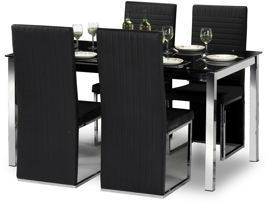 Julian Bowen Tempo 150cm Black Glass, Glass Dining Table With Faux Leather Chairs