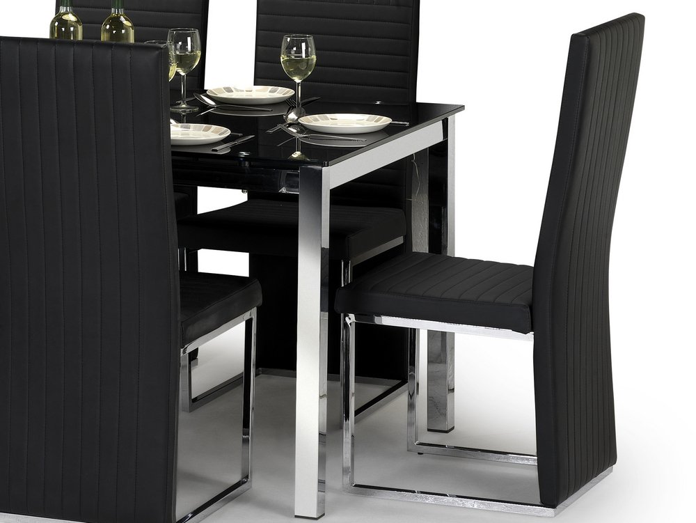 Julian Bowen Tempo 150cm Black Glass, Glass Dining Table With Black Leather Chairs