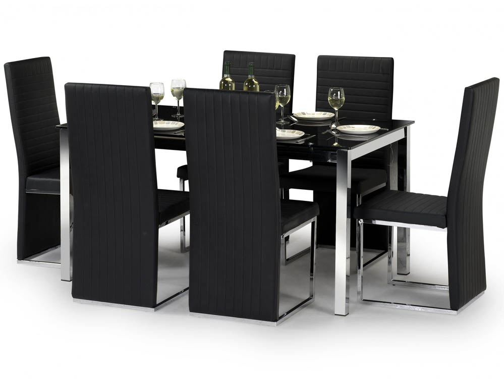 Julian Bowen Julian Bowen Tempo 150cm Black Glass Dining Table and 6 Black Faux Leather Chairs Set