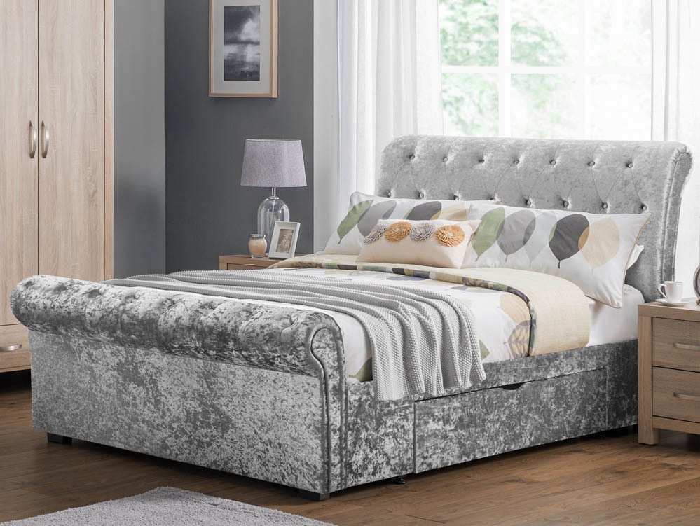Julian Bowen Julian Bowen Verona 4ft6 Double Silver Crushed Velvet Glitz Upholstered Fabric 2 Drawer Bed Frame