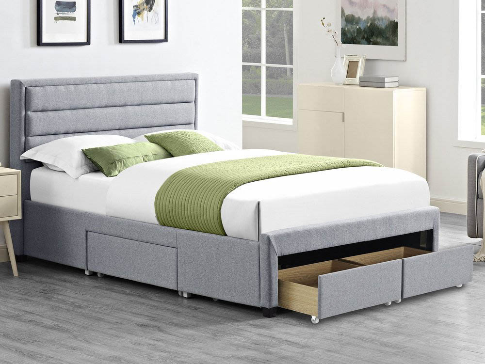 4 Drawer Bed Frame, Grey Fabric King Size Bed With Drawers