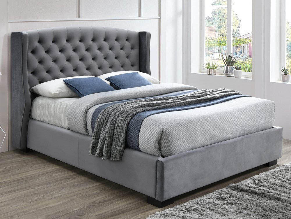 Dark Grey Upholstered Fabric Bed Frame, Grey Winged Headboard King Size