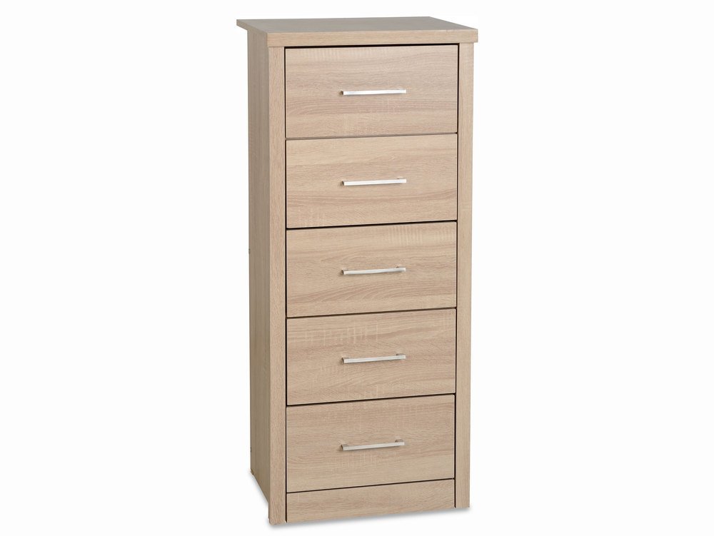 Seconique Seconique Lisbon Light Oak Effect 5 Drawer Tall Narrow Chest of Drawers (Flat Packed)