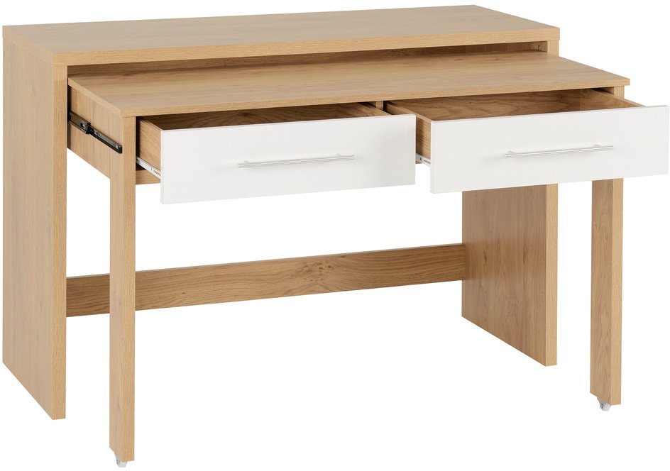 Seconique Seconique Seville White High Gloss and Oak 2 Drawer Computer Desk (Flat Packed)