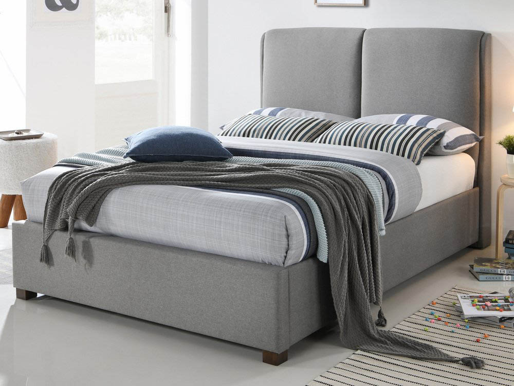 Light Grey Upholstered Fabric Bed Frame, King Wood Bed Frame With Upholstered Headboard