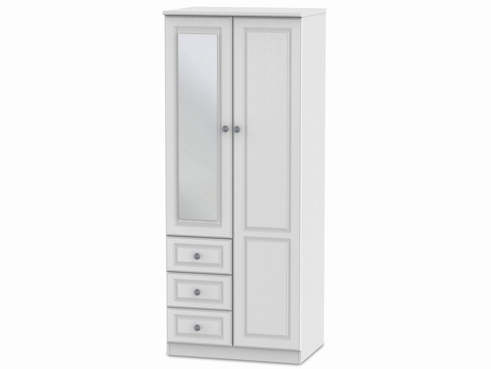 Welcome 2ft6 Pembroke White Ash 2 Door, 2 Door White Mirrored Wardrobe With Drawers