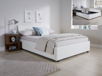 GFW Ecuador 4ft6 Double White Upholstered Faux Leather Side Lift Ottoman Bed Frame