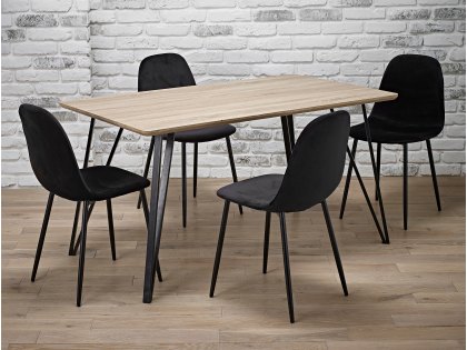LPD Genoa Light Oak 140cm Dining Table and 4 Black Velvet Chair Set (Flat Packed)