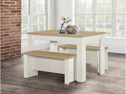 Birlea Highgate Cream and Oak Dining Table and 2 Bench Set (Flat Packed)