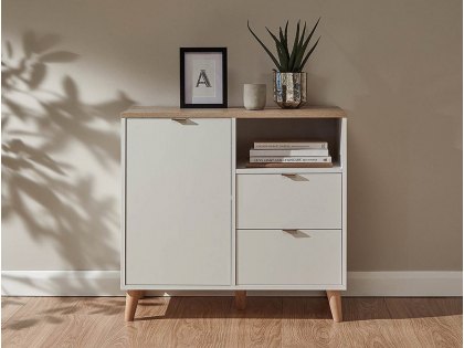 GFW Alma White and Oak 1 Door 2 Drawer Compact Sideboard (Flat Packed)