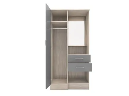 Seconique Nevada Grey Gloss and Oak 1 Door 2 Drawer Mirrored Wardrobe