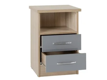 Seconique Nevada Grey Gloss and Oak 2 Drawer Bedside Table