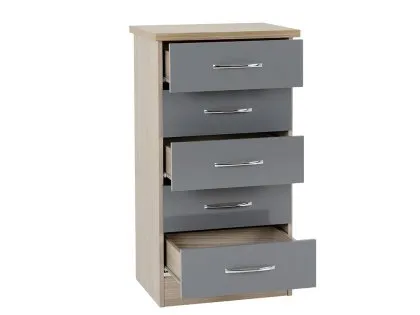 Seconique Nevada Grey Gloss and Oak 5 Drawer Chest of Drawers