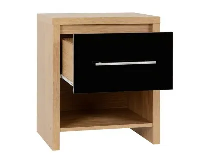 Seconique Seville Black High Gloss and Oak 1 Drawer Bedside Table