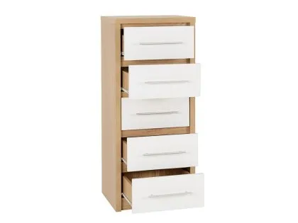 Seconique Seville White High Gloss and Oak 5 Drawer Tall Narrow Chest