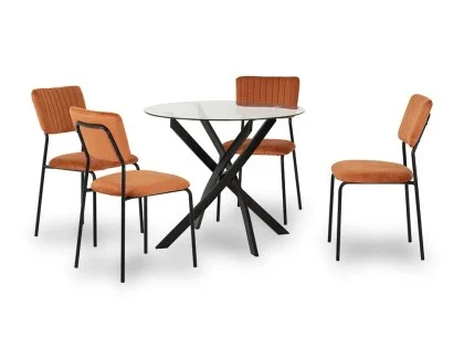 Seconique Sheldon Glass and Black Dining Table and 4 Orange Velvet Chairs