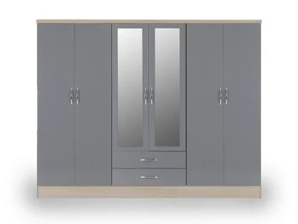 Seconique Nevada Grey Gloss and Oak 6 Door 2 Drawer Mirrored Wardrobe