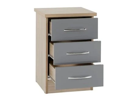 Clearance - Seconique Nevada Grey Gloss and Oak 3 Drawer Bedside Table