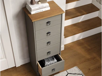 Core Corona Compact Grey and Pine 5 Drawer Narrow Chest of Drawers