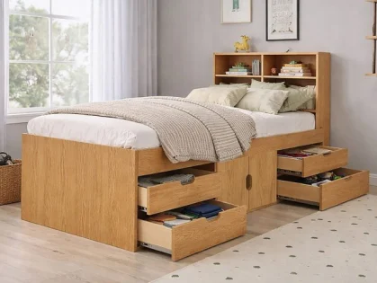 Kidsaw Captains Bookcase Headboard Oak Cabin Bed