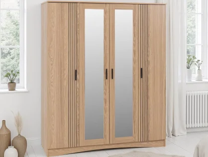 Seconique Tessa Natural Oak 4 Door Mirrored Wardrobe